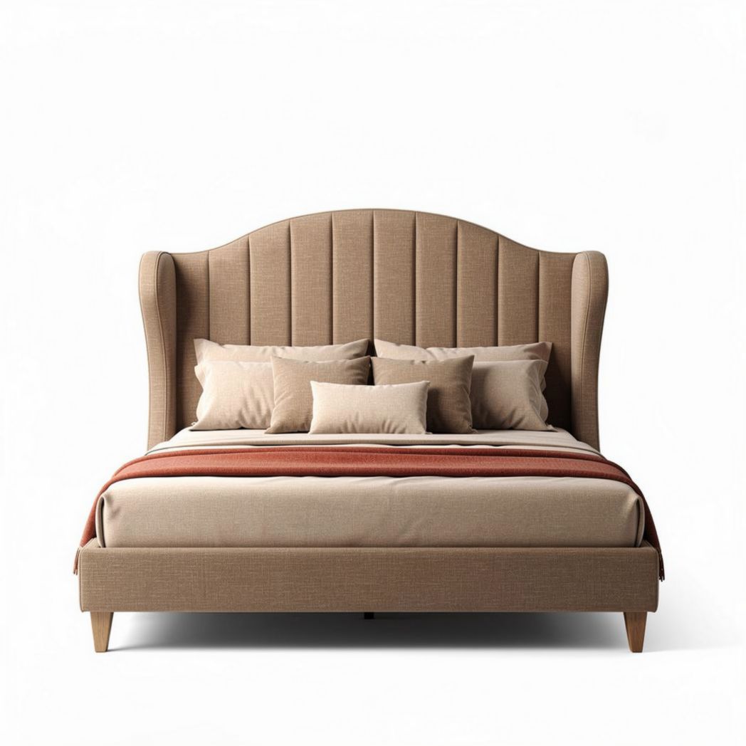Tweepersoonsbed met gestoffeerde hoofdbord en beige bekleding 200 x 160 x 120cm