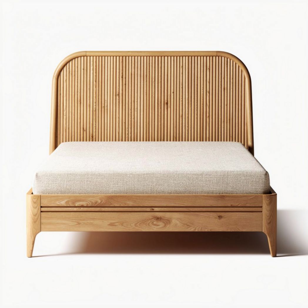 Houten bed met geperforeerde rugleuning en stof matras 200 x 160 x 100cm
