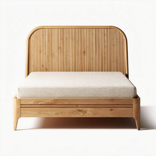 Houten bed met geperforeerde rugleuning en stof matras 200 x 160 x 100cm