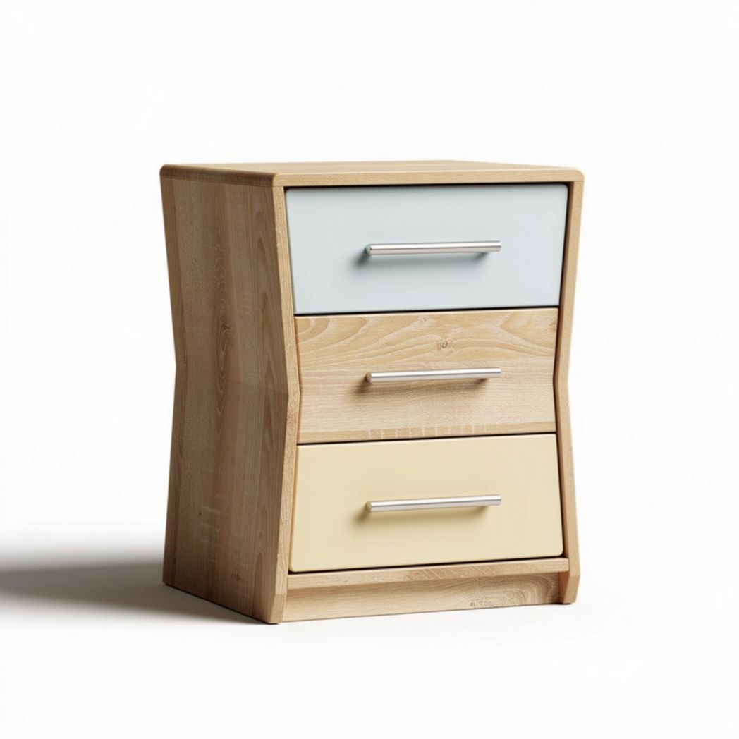 3-ladeskast van hout met een blauwe en gele afwerking 40 x 30 x 50cm