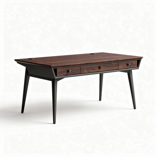 Houten bureau met drie lades afmetingen 150 x 75 x 75cm donkerbruin zwart metalen poten