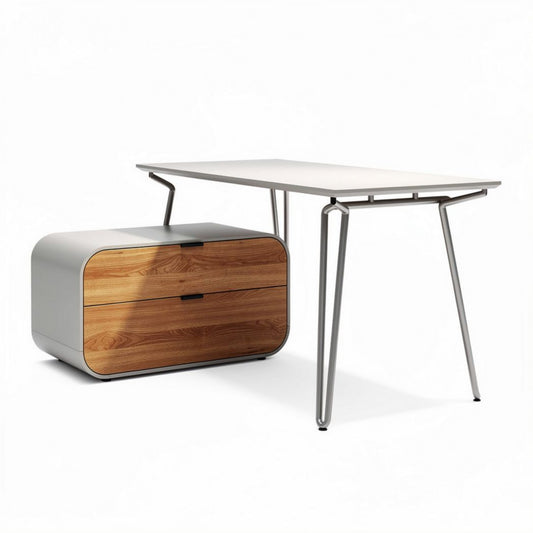 bureau met metalen poten en houten lades 150 x 75 x 75cm grijs en bruin