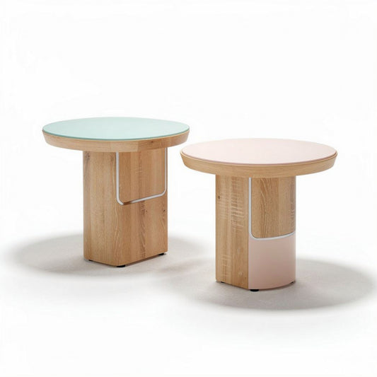 Ronde bijzettafel van hout en kunststof in mintgroen en lichtroze 50 x 50 x 40cm