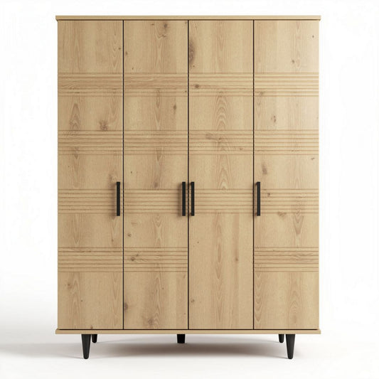 Kast van geborsteld eikenhout met vier deuren en zwarte handgrepen 180 x 100 x 50cm