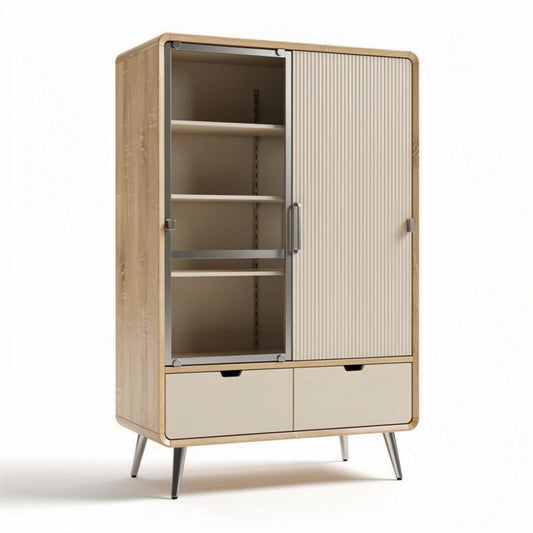 Kast met glazen deuren en lades van hout in naturel en lichtbeige 80 x 40 x 180cm